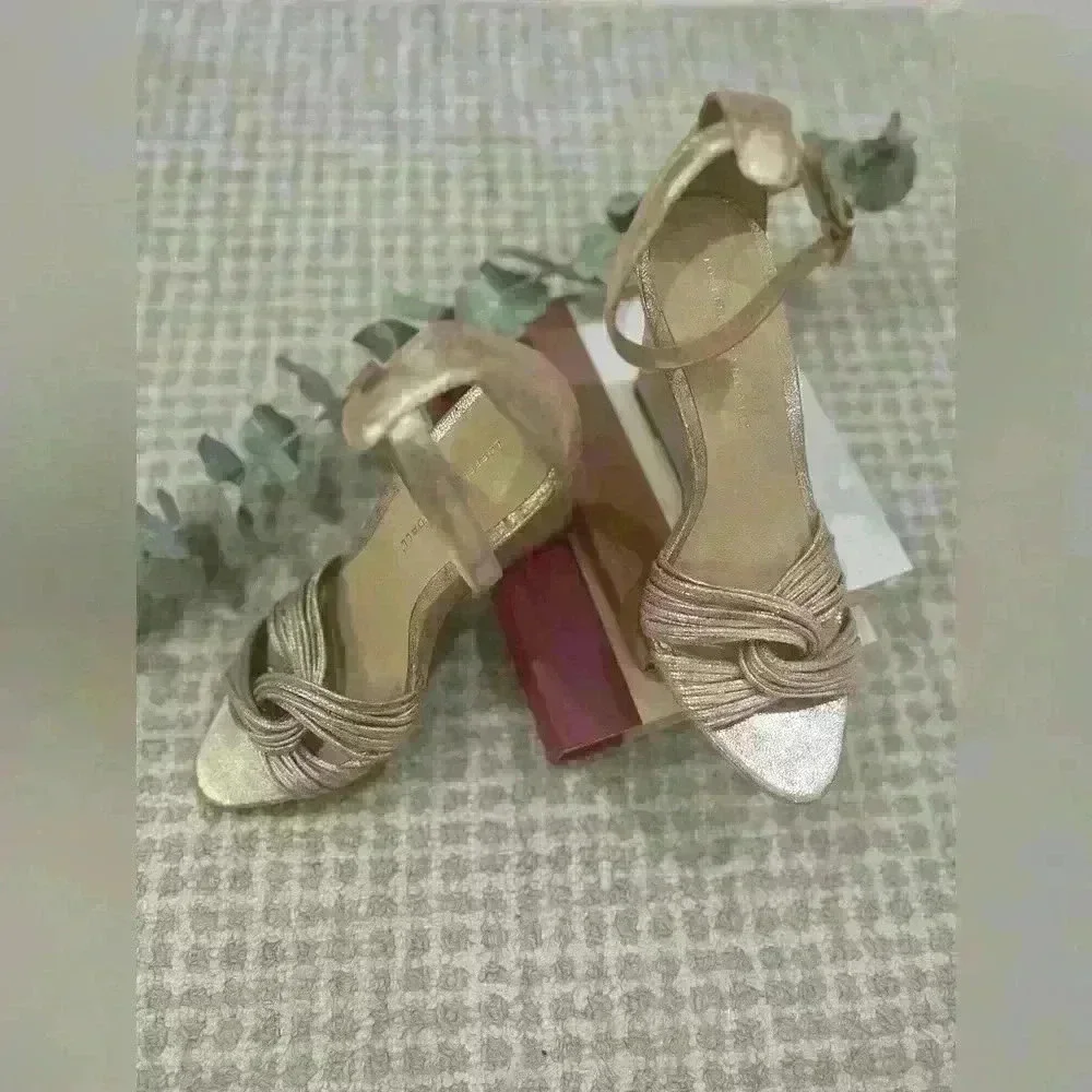 Loeffler Randall Metallic Gold Knotted Ankle-Strap Wedge Sandals